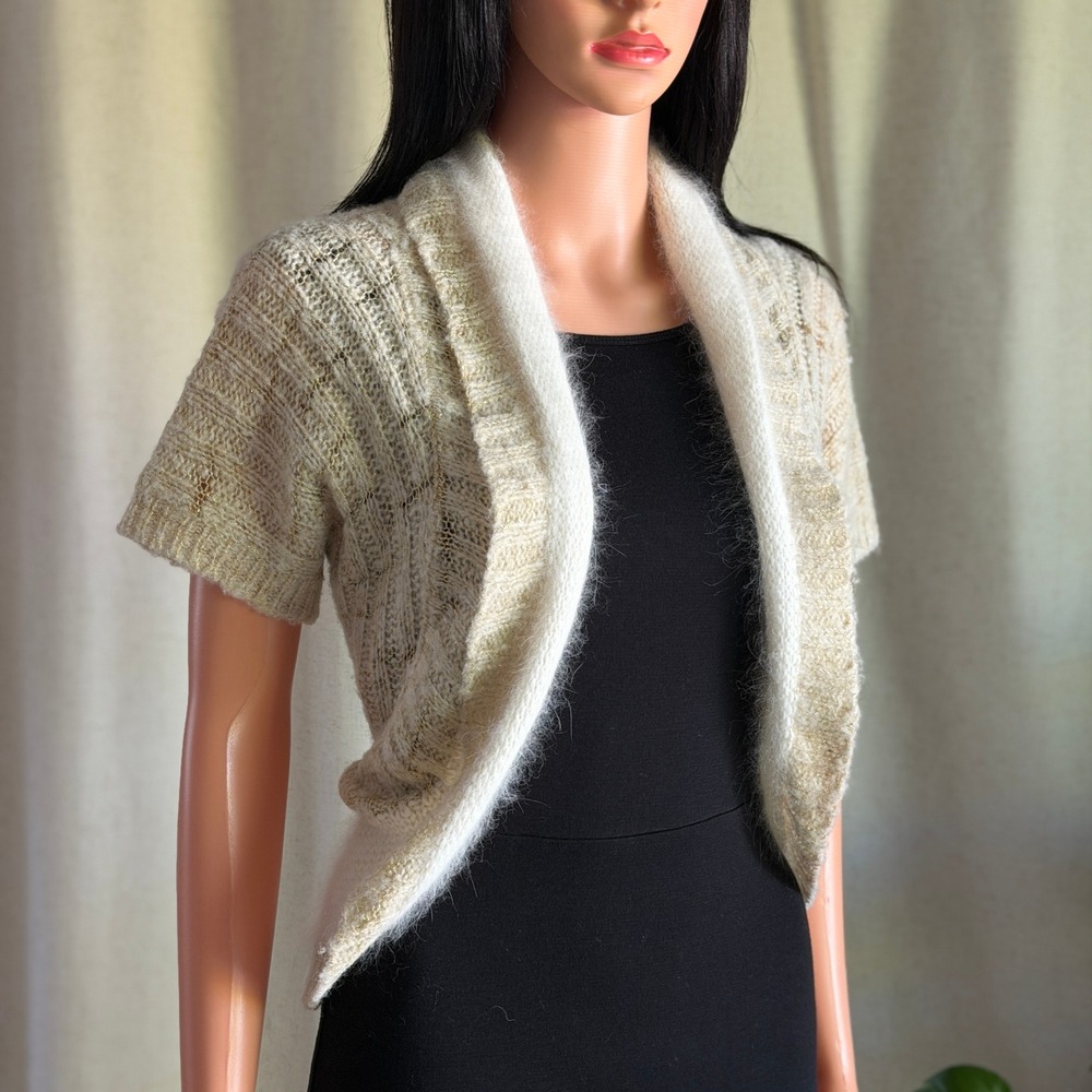 Sleeping on Snow Anthropologie Short Sleeve Angora Wool Metallic Cardigan M Boho